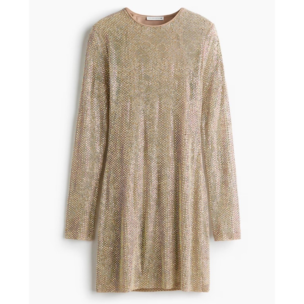 Stella McCartney x HM Rhinestone Mesh Mini Dress Beige Iridescent Long Sleeve